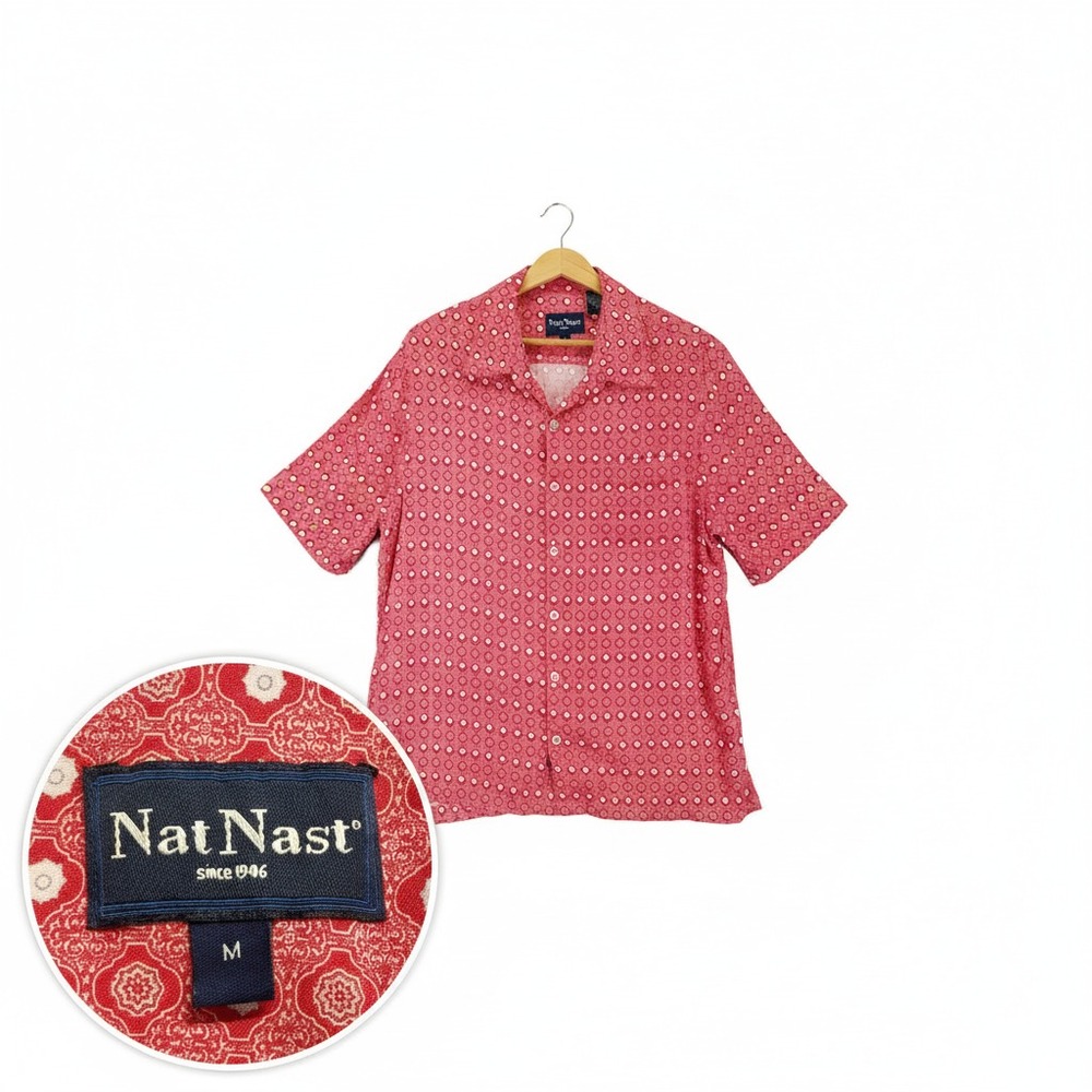 Nat Nast Regent Fit Polo Shirt Mens M Red Rayon 855009A Geometric Hawaiian Camp